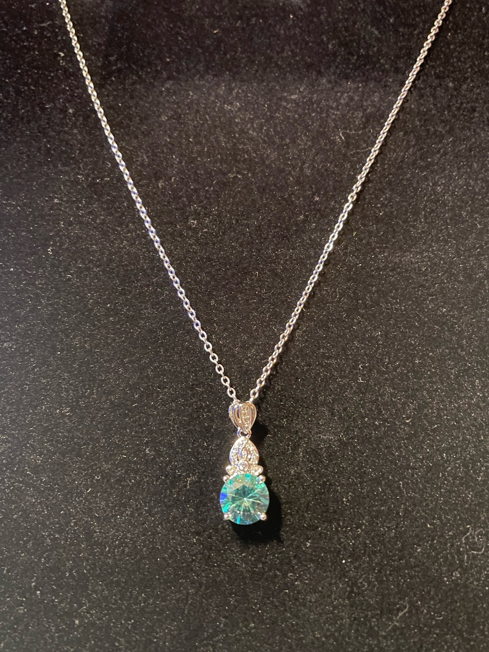 Moissanite Pendant Necklace with Aqua Blue Stone Rhodium Plated Adjustable